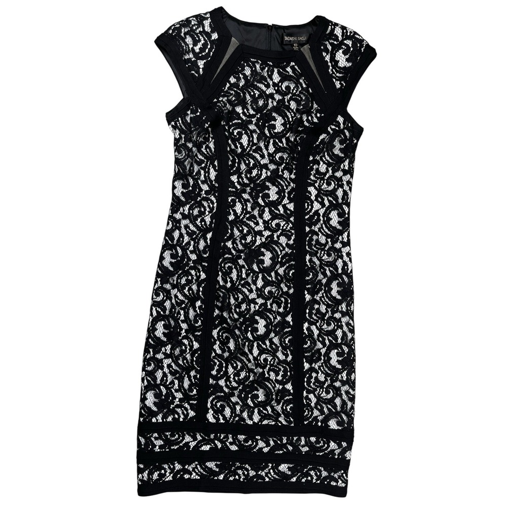 Tadashi Shoji Black Embroidered Lace Dress Sz 10 Sheer Inserts Pintuck Cocktail‎